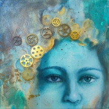 Engrenages métal et huile sur toile 20x20cm, 90 euros rouages